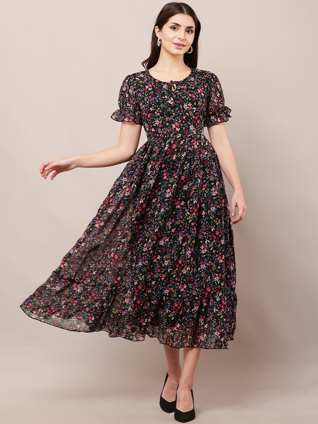

BAESD Floral Printed Puff Sleeve Georgette Fit & Flare Midi Dress, Black