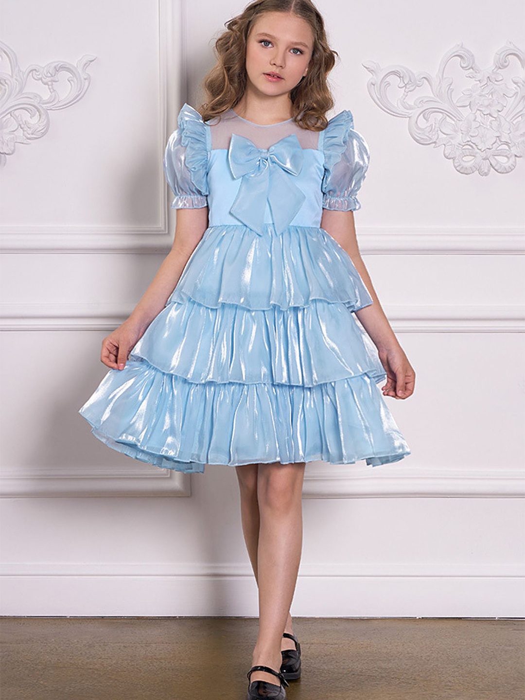 

LULU & SKY Floral Puff Sleeve Fit & Flare Dress, Blue