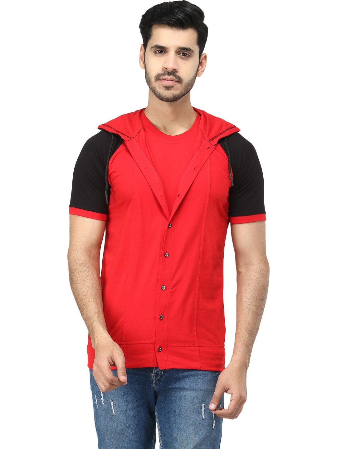 

Black Collection Men Colourblocked Hooded Cotton T-shirt, Red