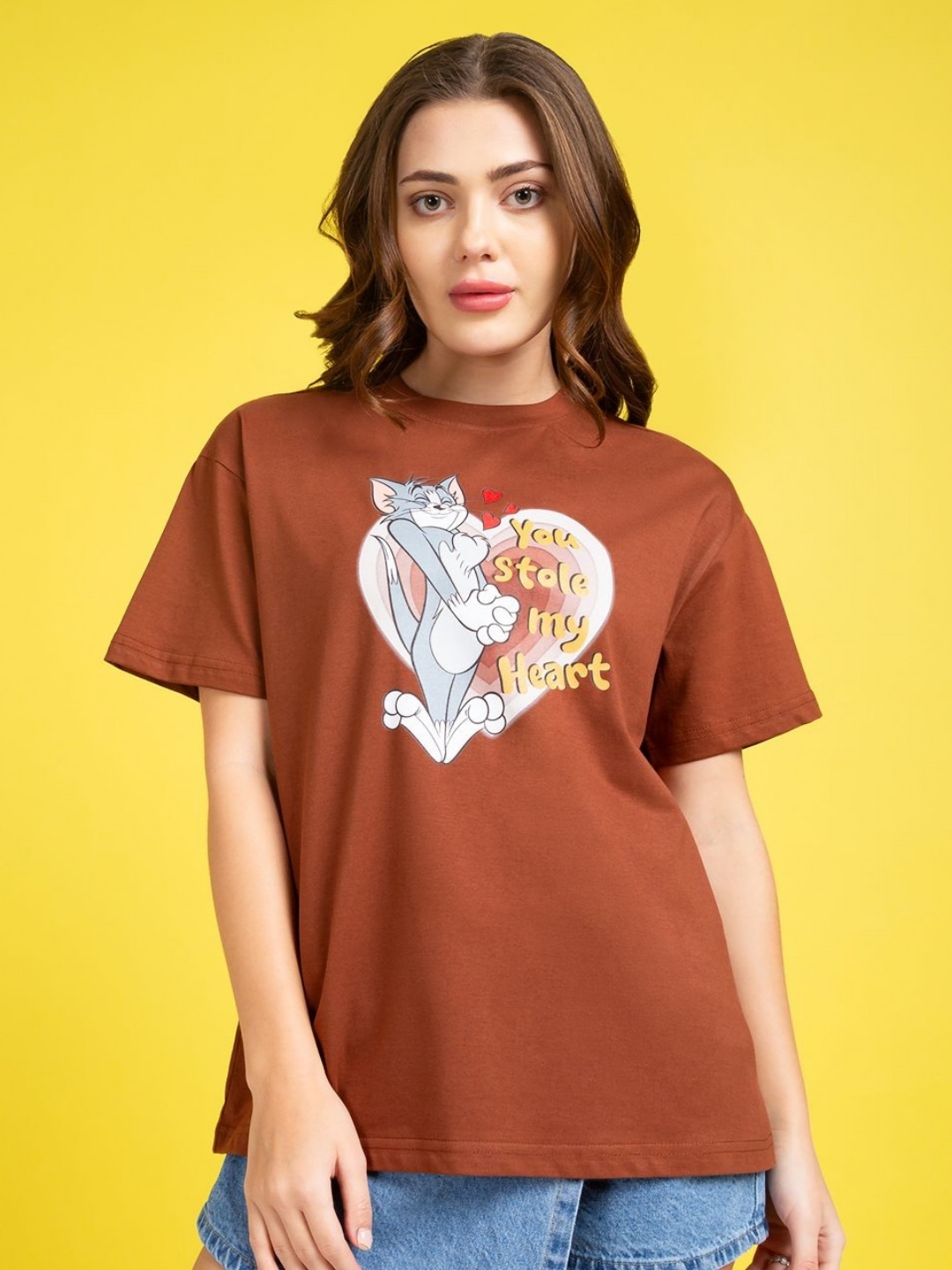 

Kook N Keech Toons Women Tom & Jerry Graphic Printed Round Neck Cotton Oversized T-shirt, Camel brown