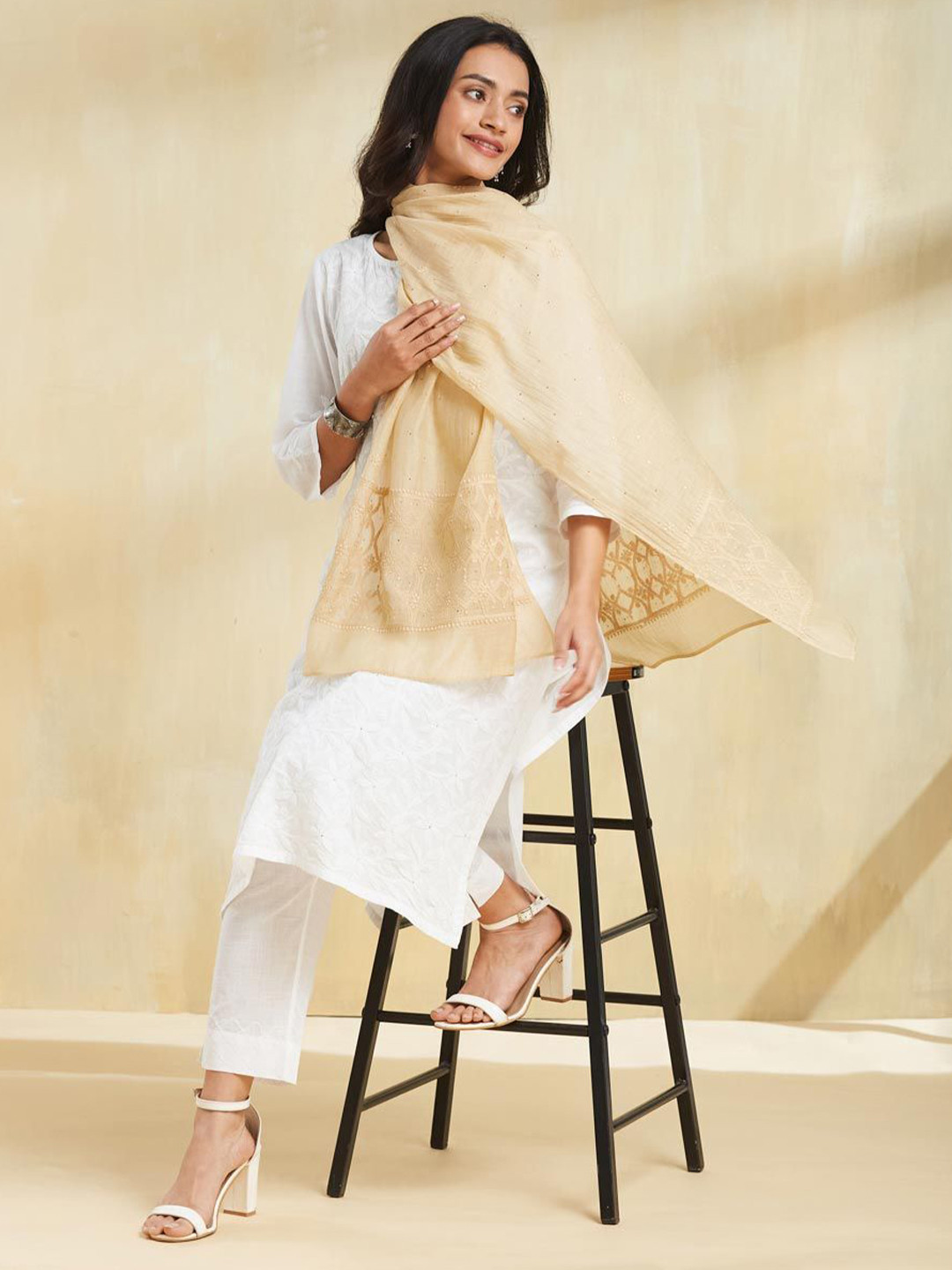 

Fabindia Women Embroidered Stole, Beige