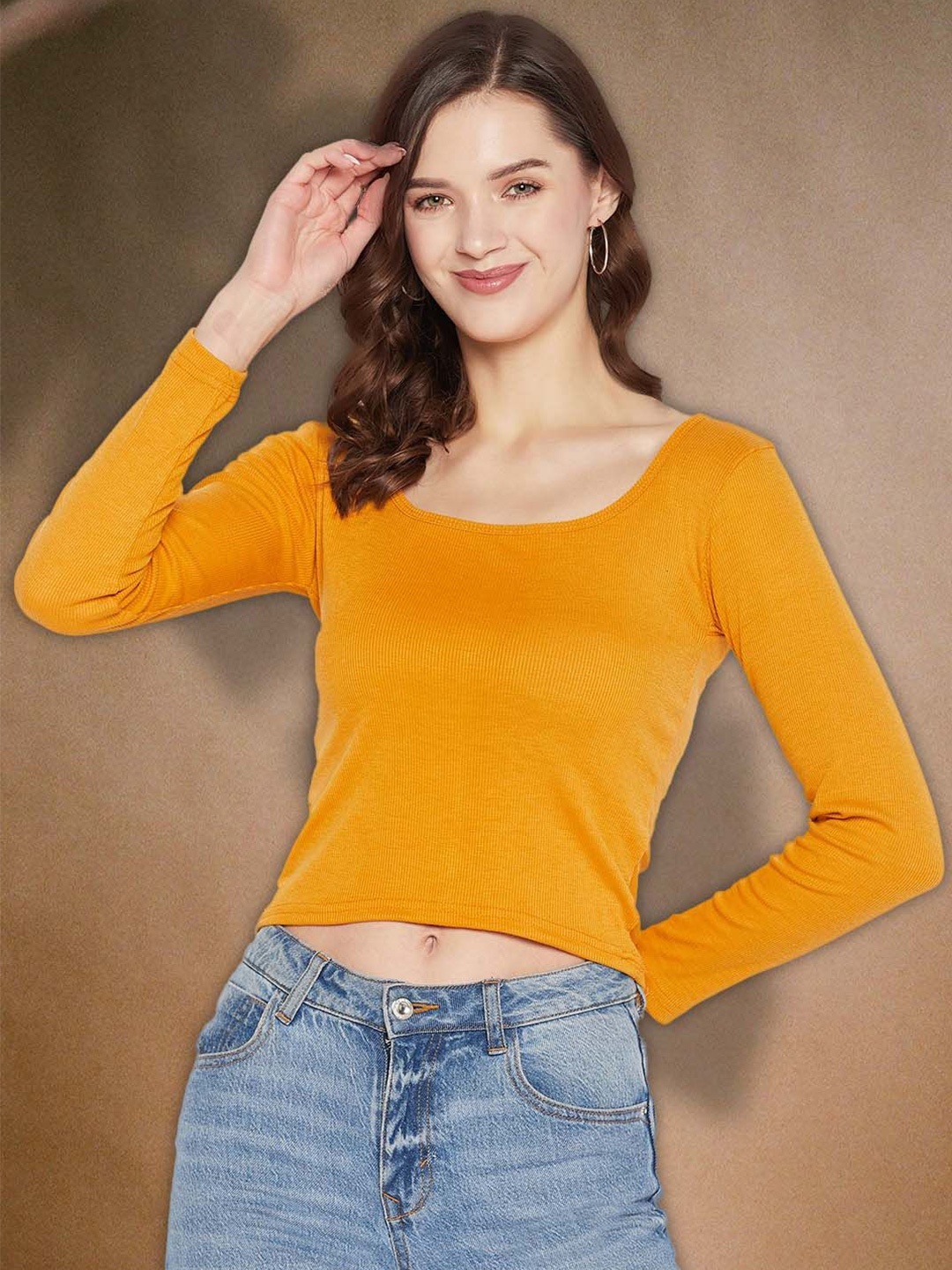 

Moda Rapido Women Ribbed Round Neck Fitted Top, Mustard