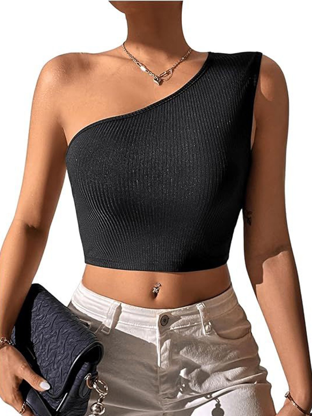 

WESTCHIC One Shoulder Crepe Crop Top, Black