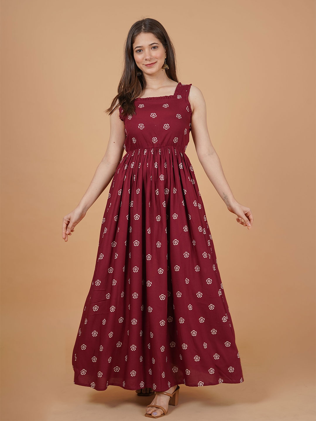 

GLAMALUE Floral Print Fit and Flare Maxi Dress, Maroon