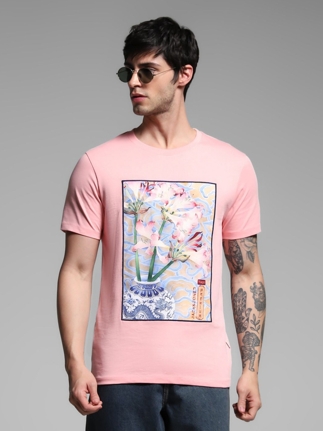 

Jack & Jones Men Floral Printed Round Neck Cotton T-shirt, Pink