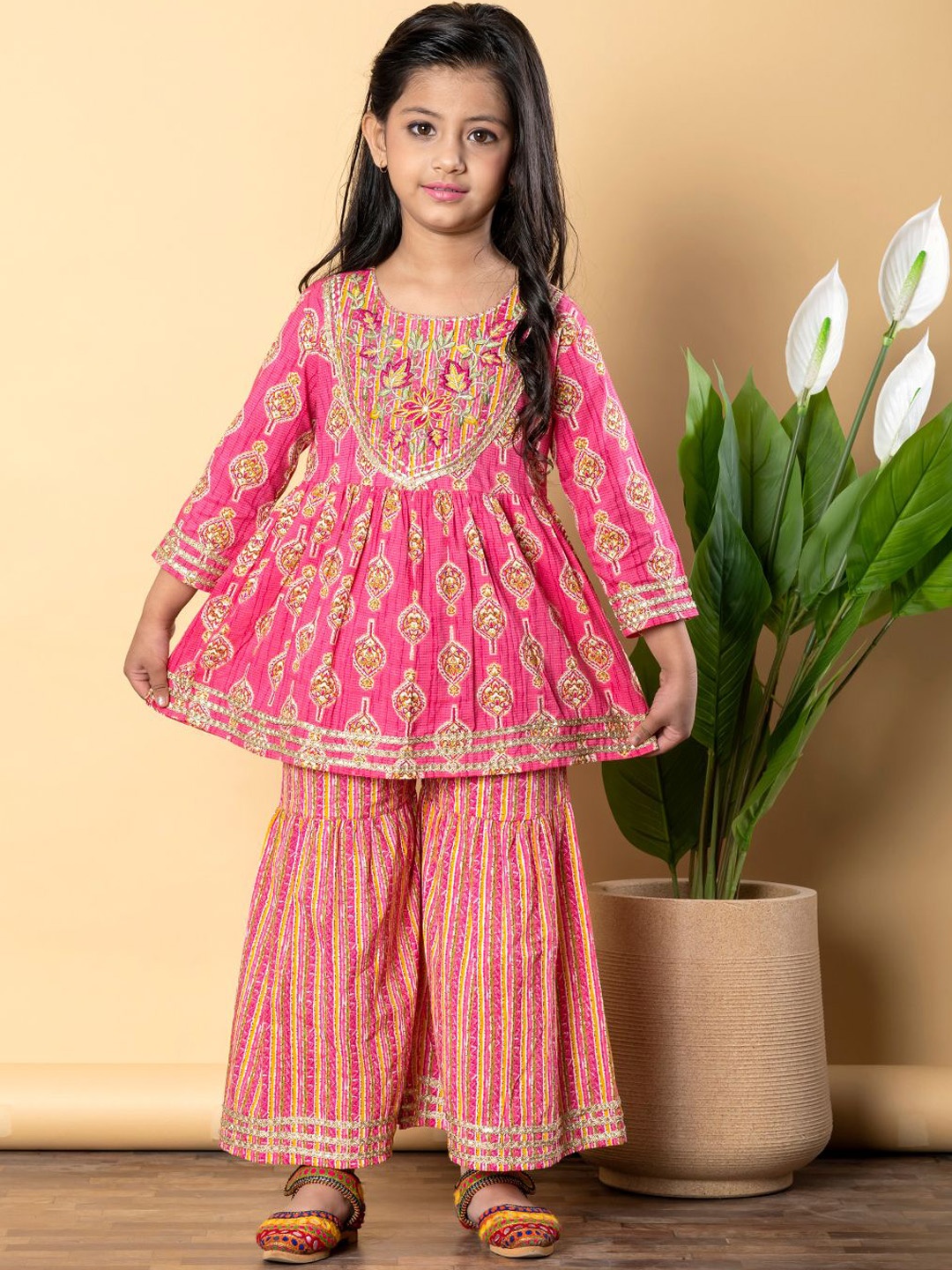 

Readiprint Girls Floral Printed Pure Cotton Anarkali Kurti With Sharara, Pink