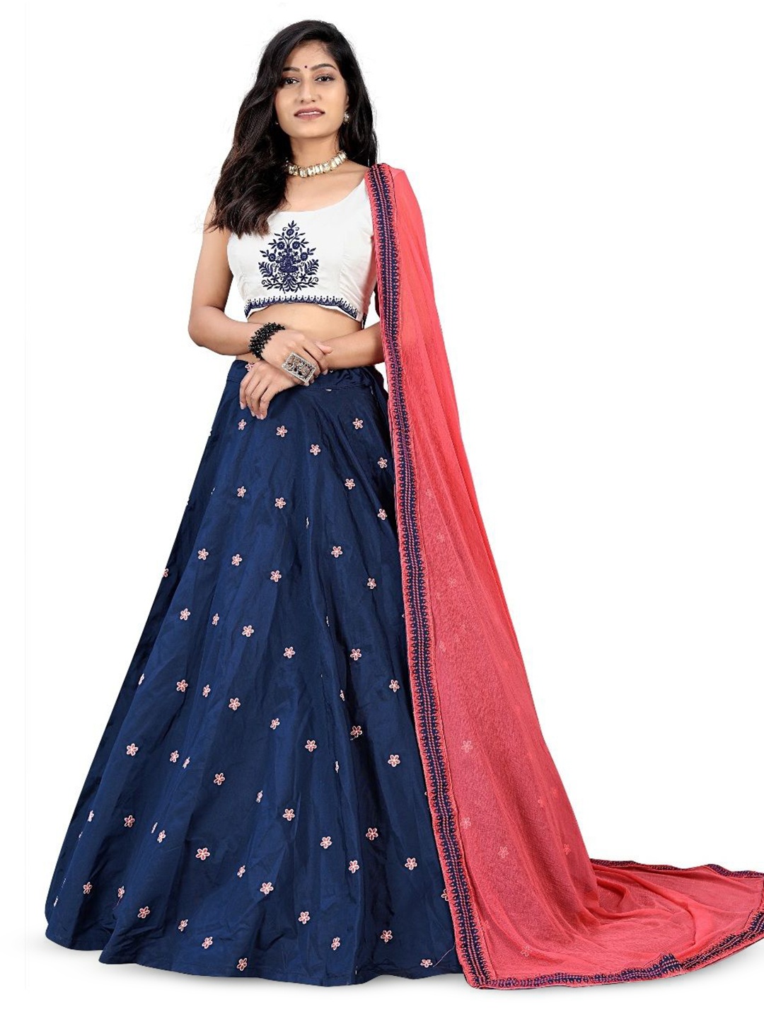 

Anneca Girls Embroidered Thread Work Ready to Wear Lehenga & Blouse With Dupatta, White