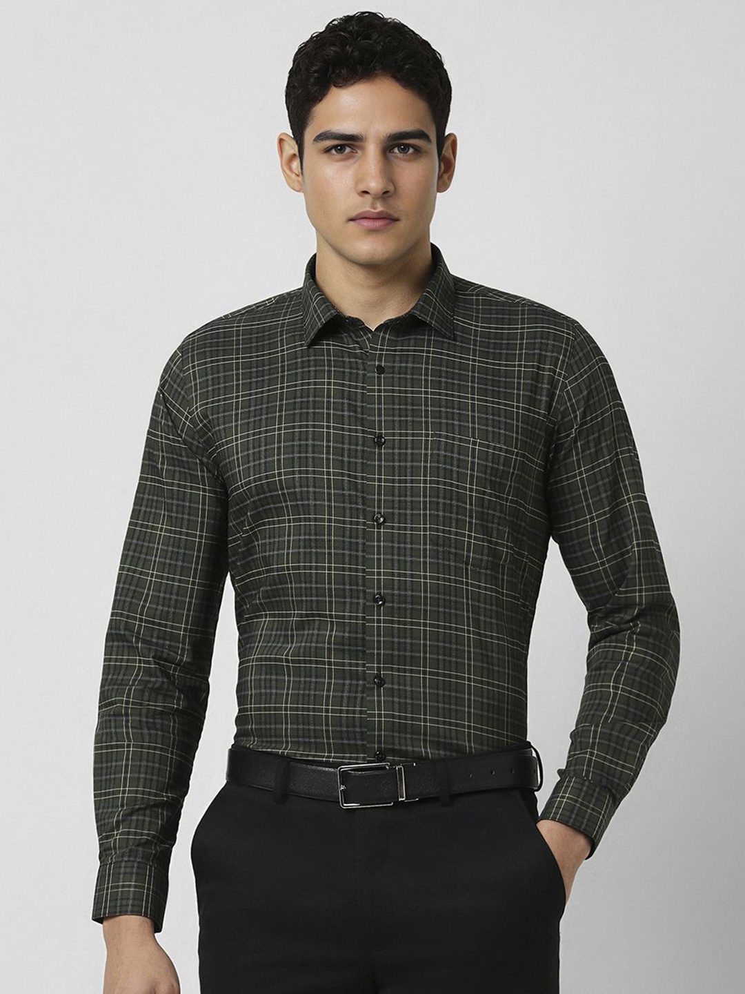 

Van Heusen Men Slim Fit Spread Collar Grid Tattersall Checked Cotton Formal Shirt, Olive