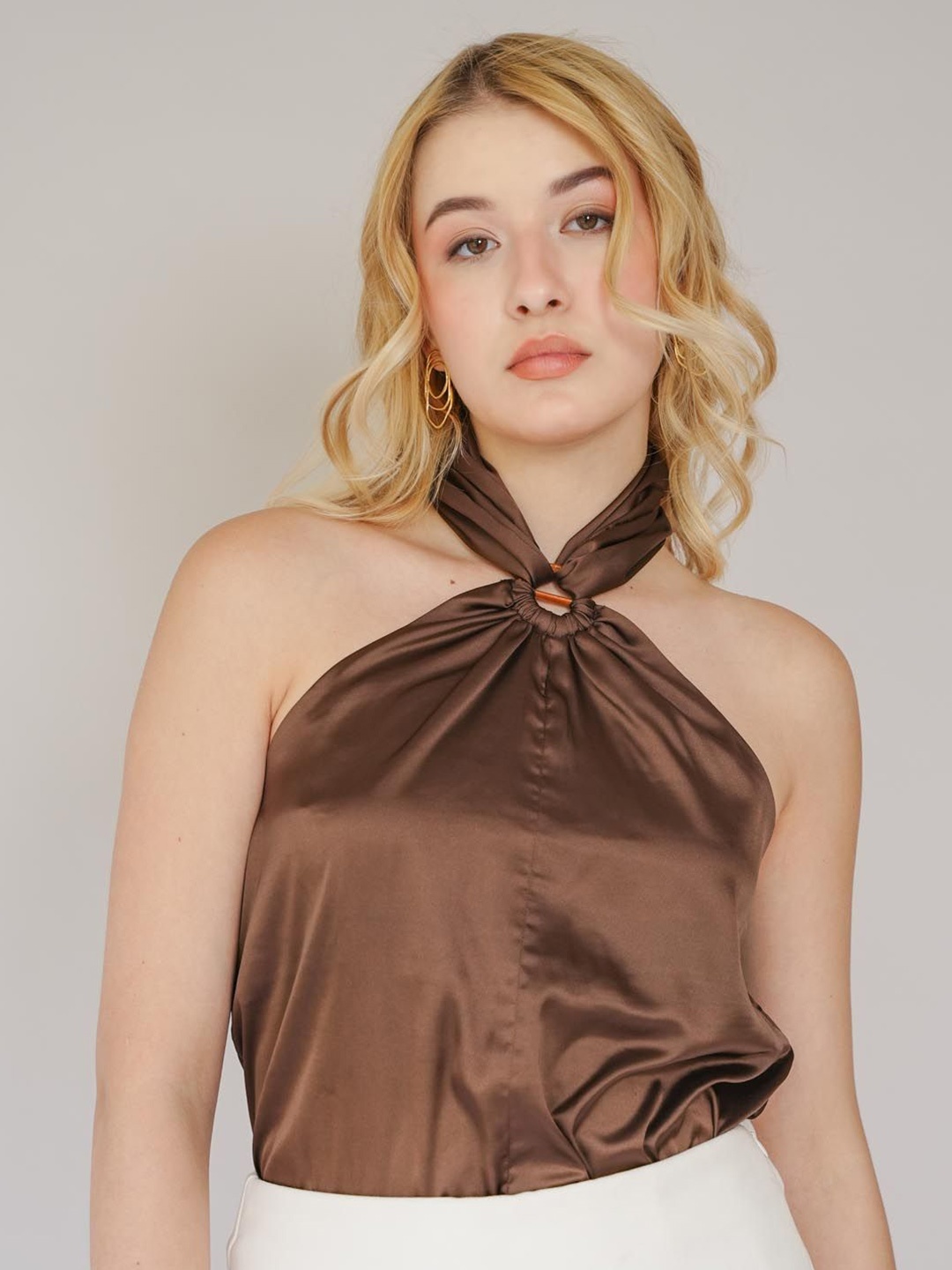 

House of Sal Women Halter Neck Satin Brown Top