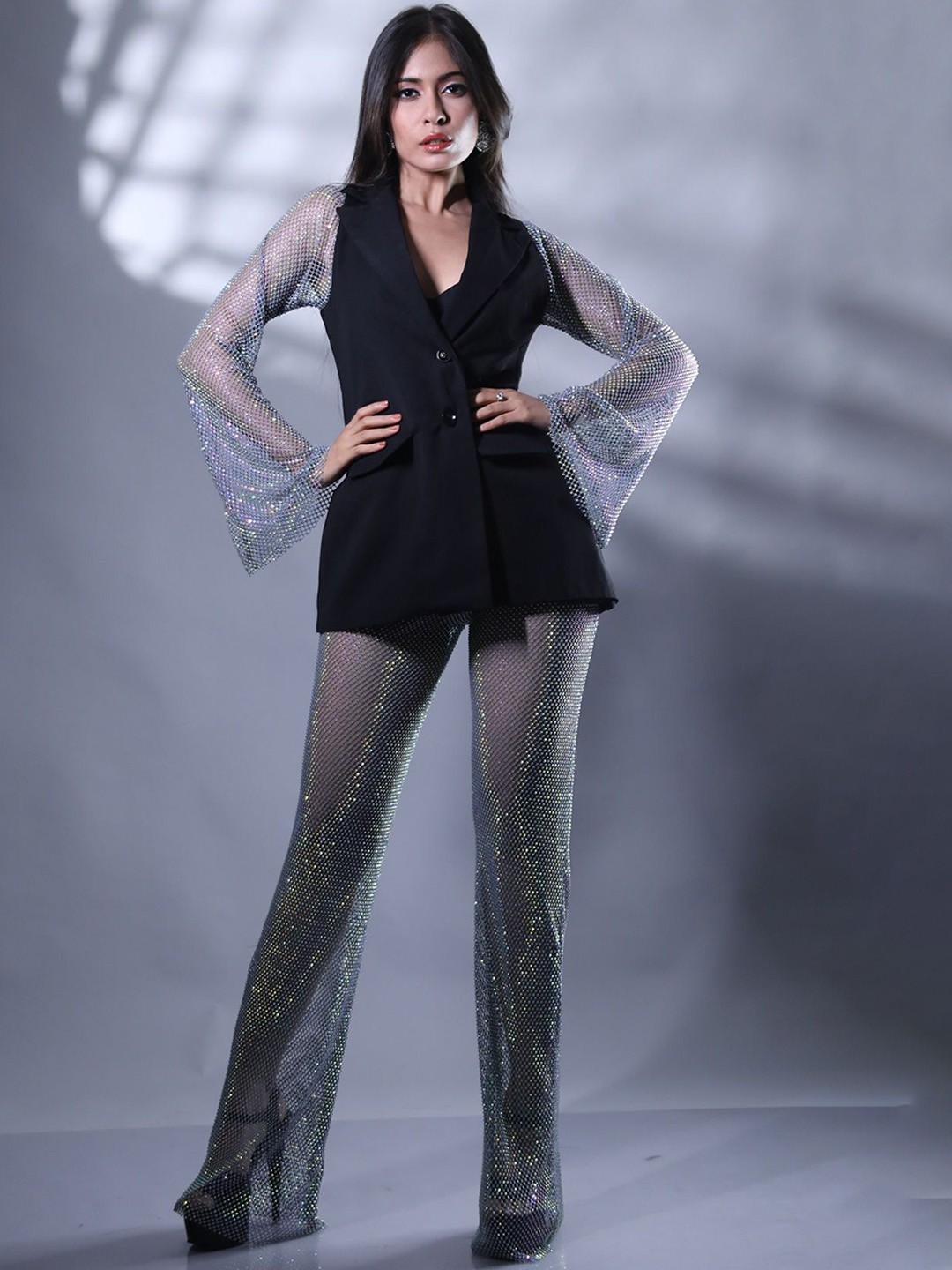 

Ashtag Tailored-Fit Single Breasted Long Rhinestone Sleeves Party Blazer, Black