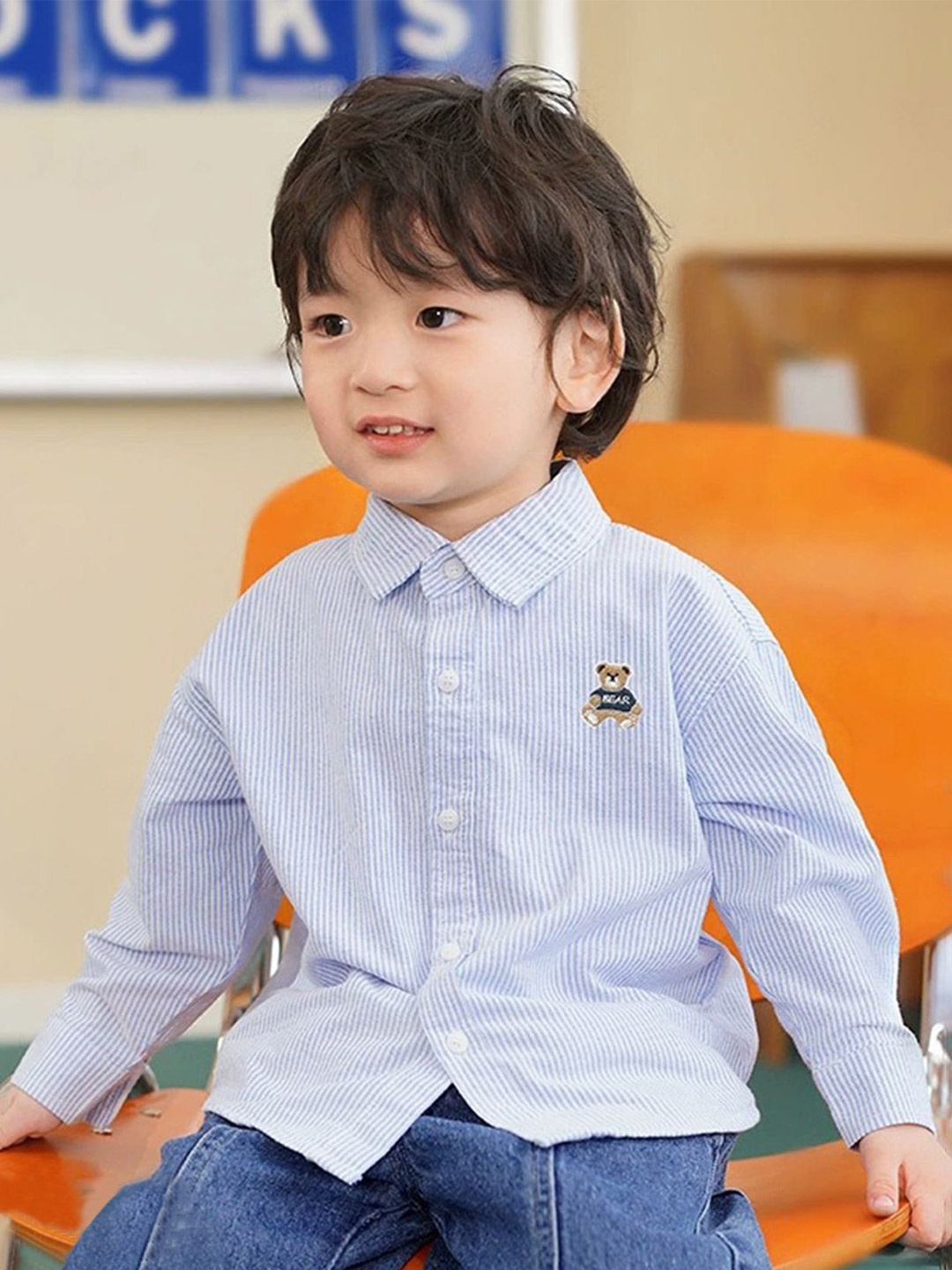 

LULU & SKY Girls Spread Collar Vertical Striped Cotton Casual Shirt, Blue