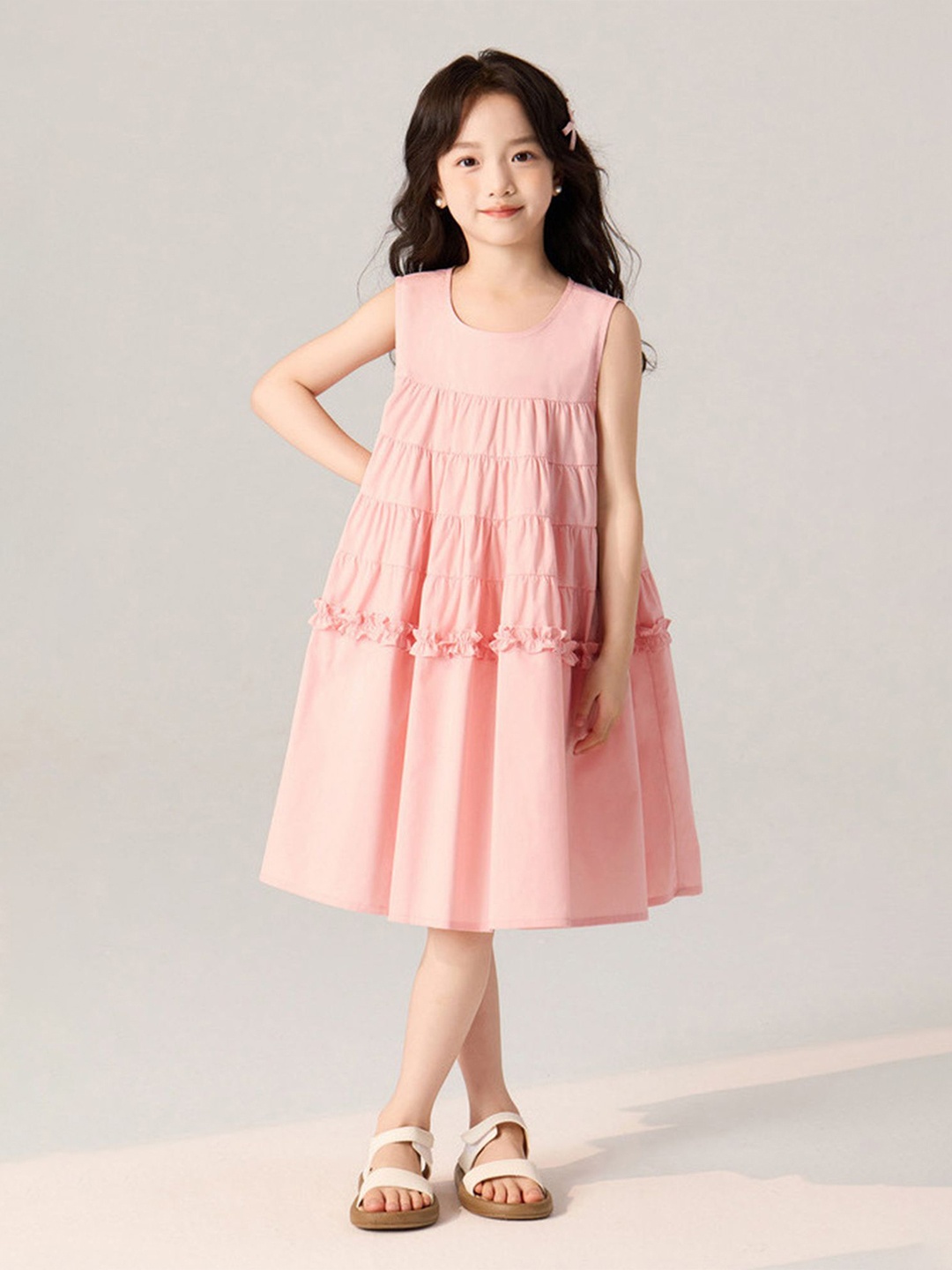 

LULU & SKY Girls Sleeveless Tiered A-Line Knee Length Dress, Pink