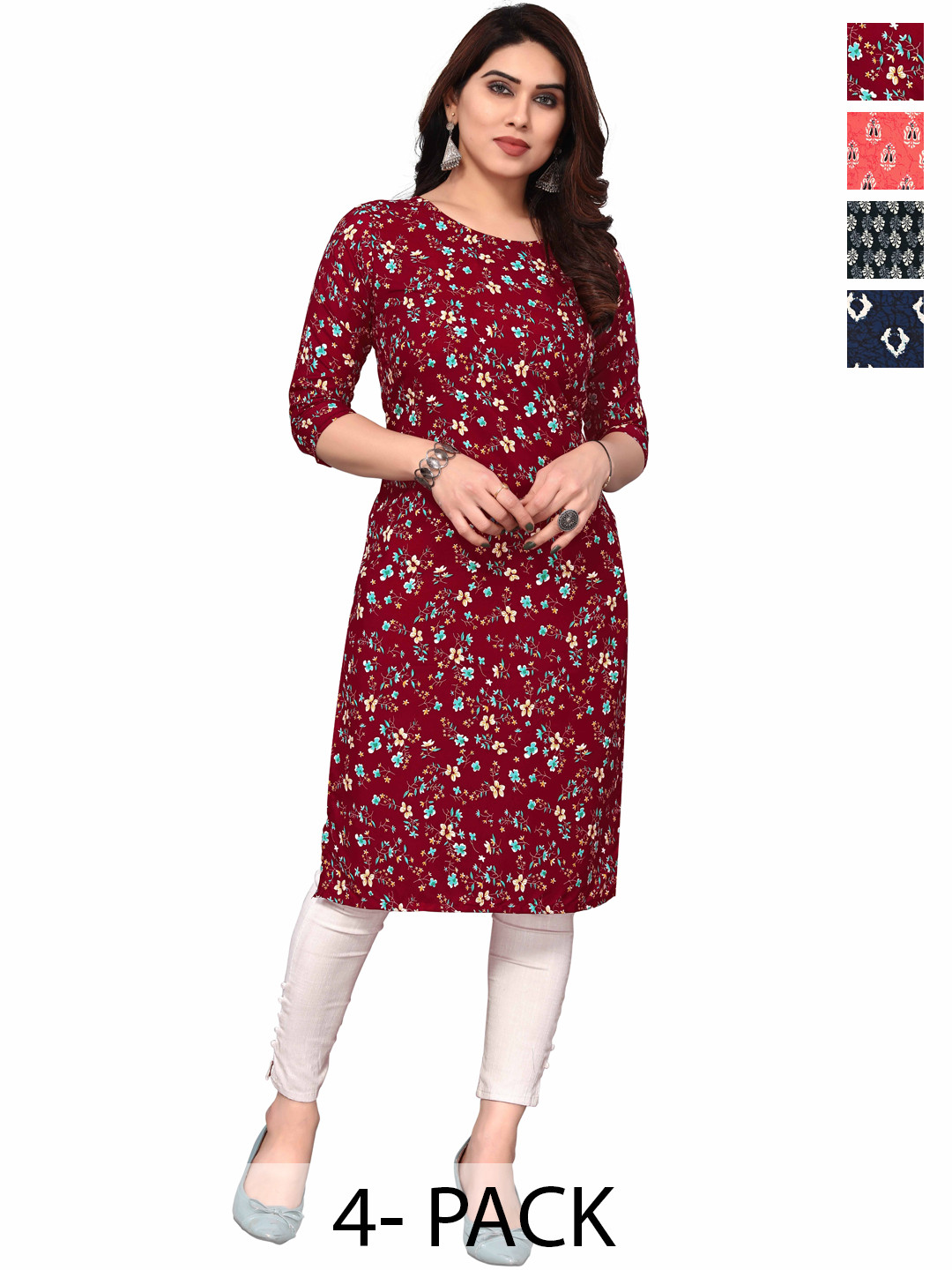 

KETAKI FASHION Selection Of 4 Floral Printed Straight Kurtas, Red