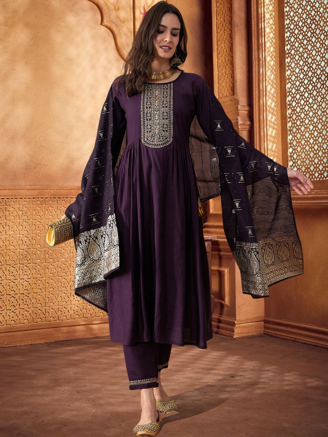 

SheWill Women Floral Embroidered Regular Sequinned Kurta with Trousers & With Dupatta, Purple