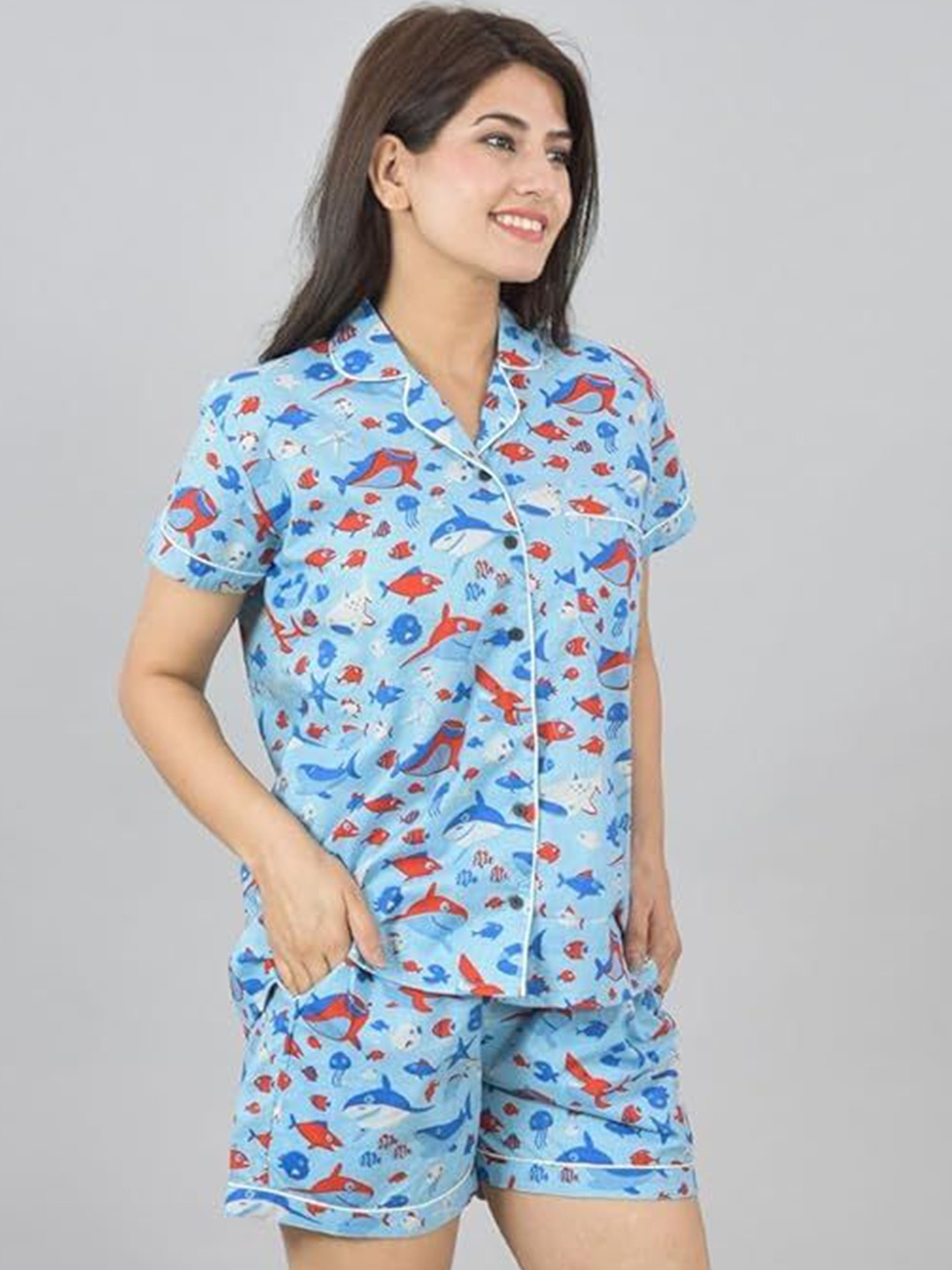 

ATARAH Printed Lapel Collar Pure Cotton Shirt And Shorts, Blue