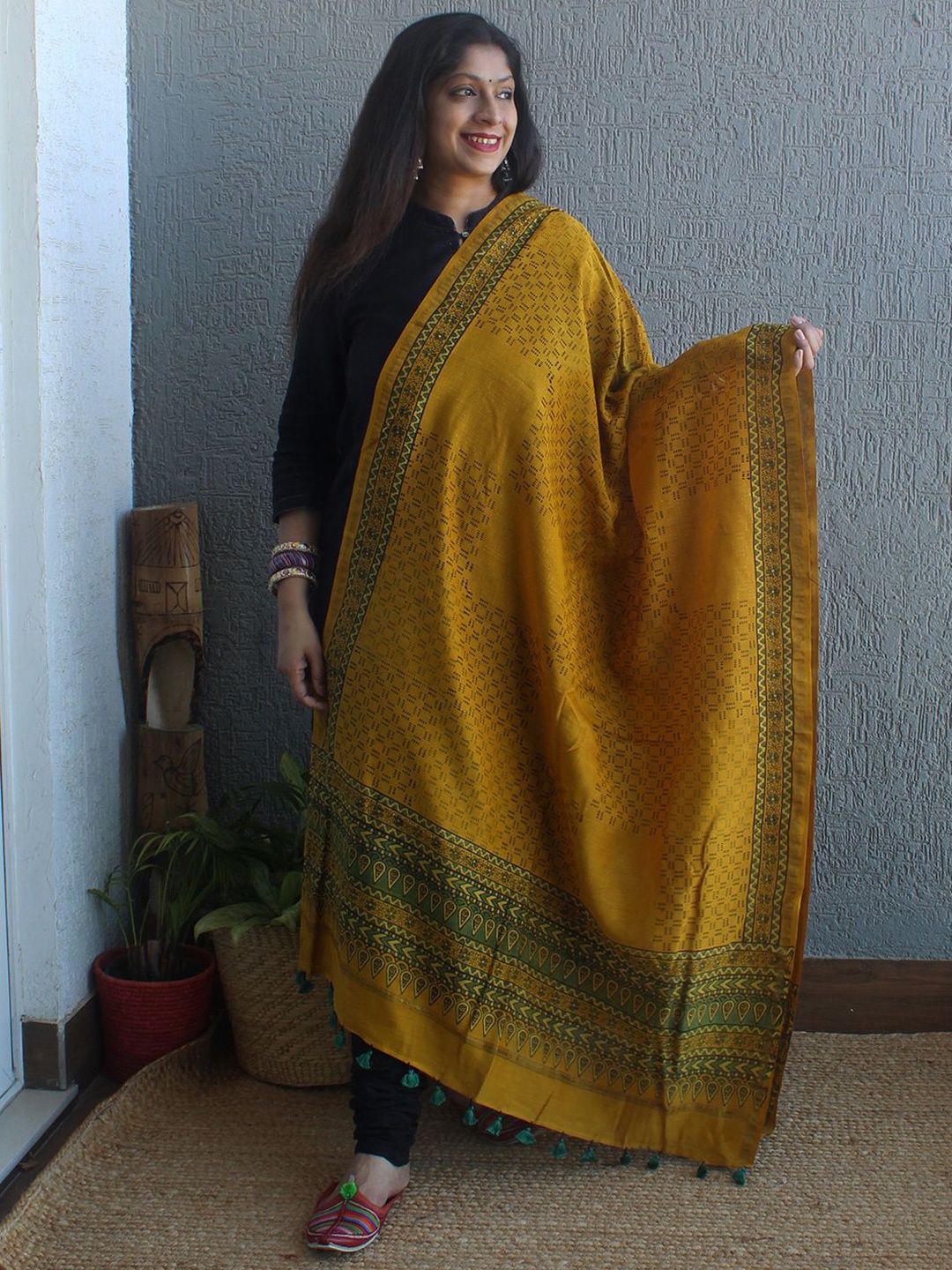 

Weaves of Tradition Geometric Block Printed Chanderi Cotton Silk Dupatta, Mustard