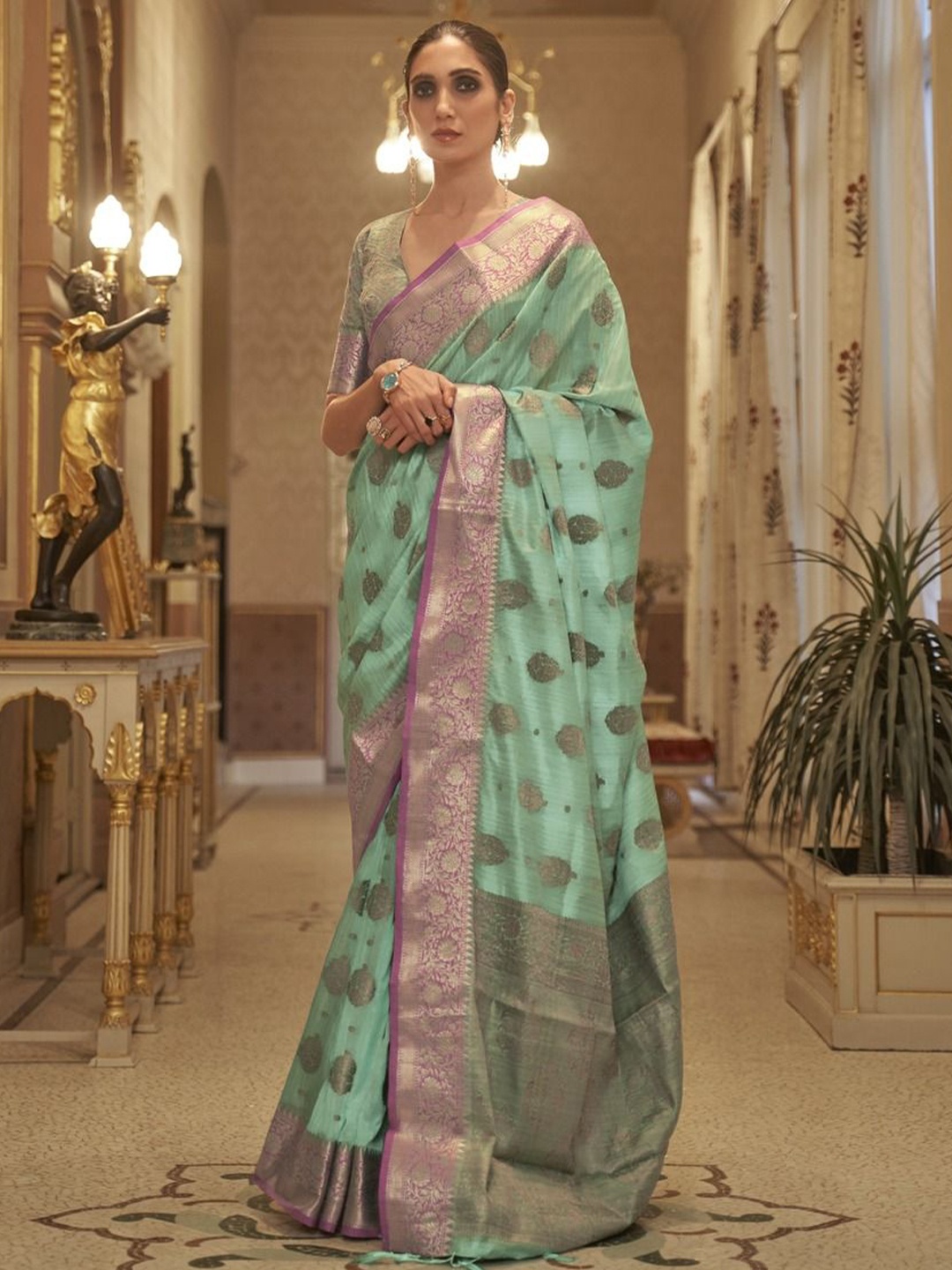 

Anouk Woven Design Zari Silk Blend Banarasi Saree, Teal