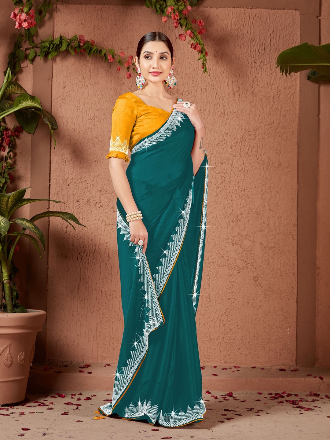 

PAYAL CREATION Zari Pure Georgette Maheshwari Saree, Teal