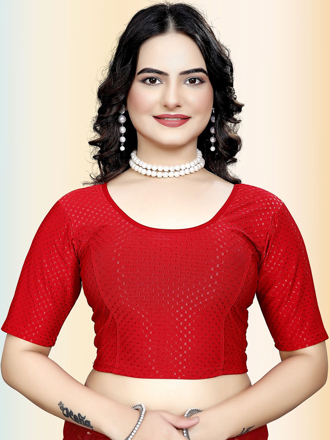 

TANISHM FEB TEX Embellished Round Neck Stretchable Saree Blouse, Red