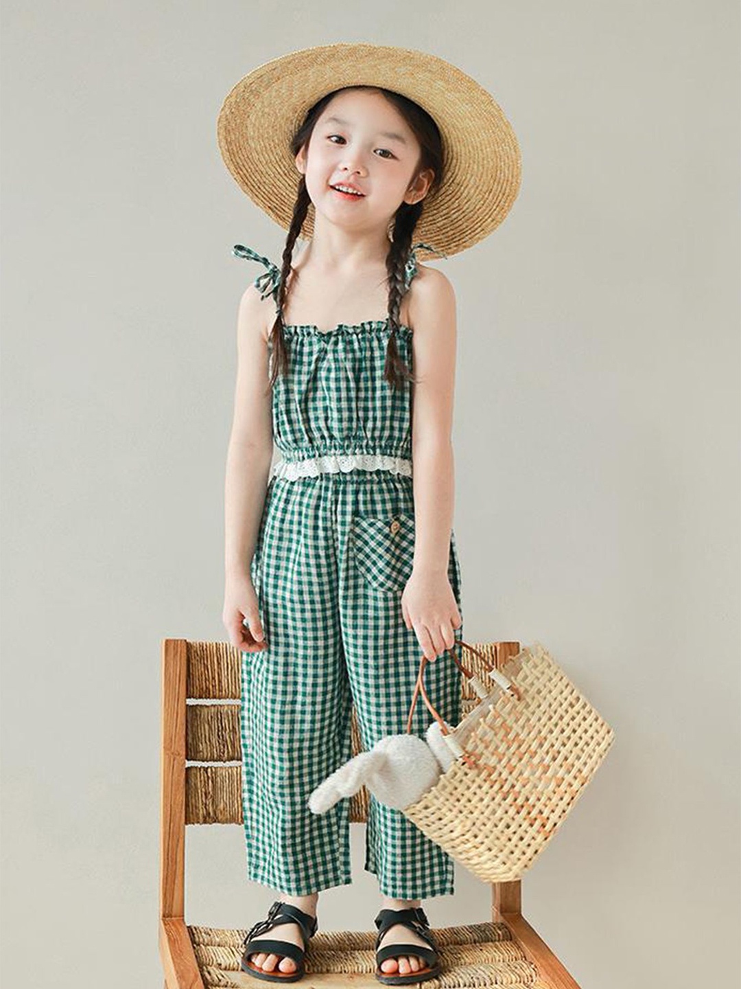 

LULU & SKY Girls Checked Shoulder Straps Neck Top With Palazzo, Green