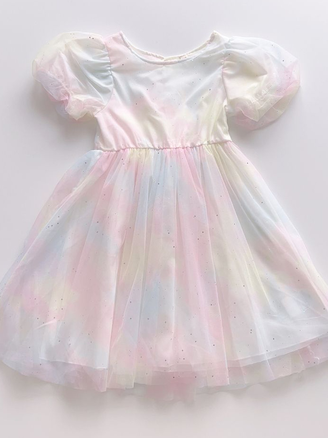 

LULU & SKY Girls Ombre Puff Sleeves Round Neck Fit & Flare Dress, White