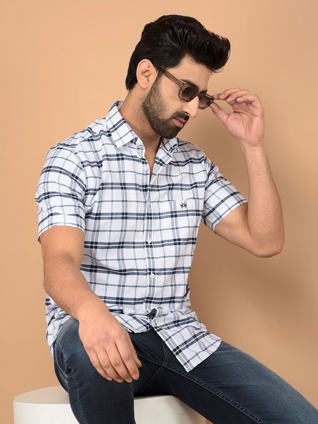 

Crimsoune Club Men Classic Fit Tartan Checks Checked Pure Cotton Casual Shirt, White