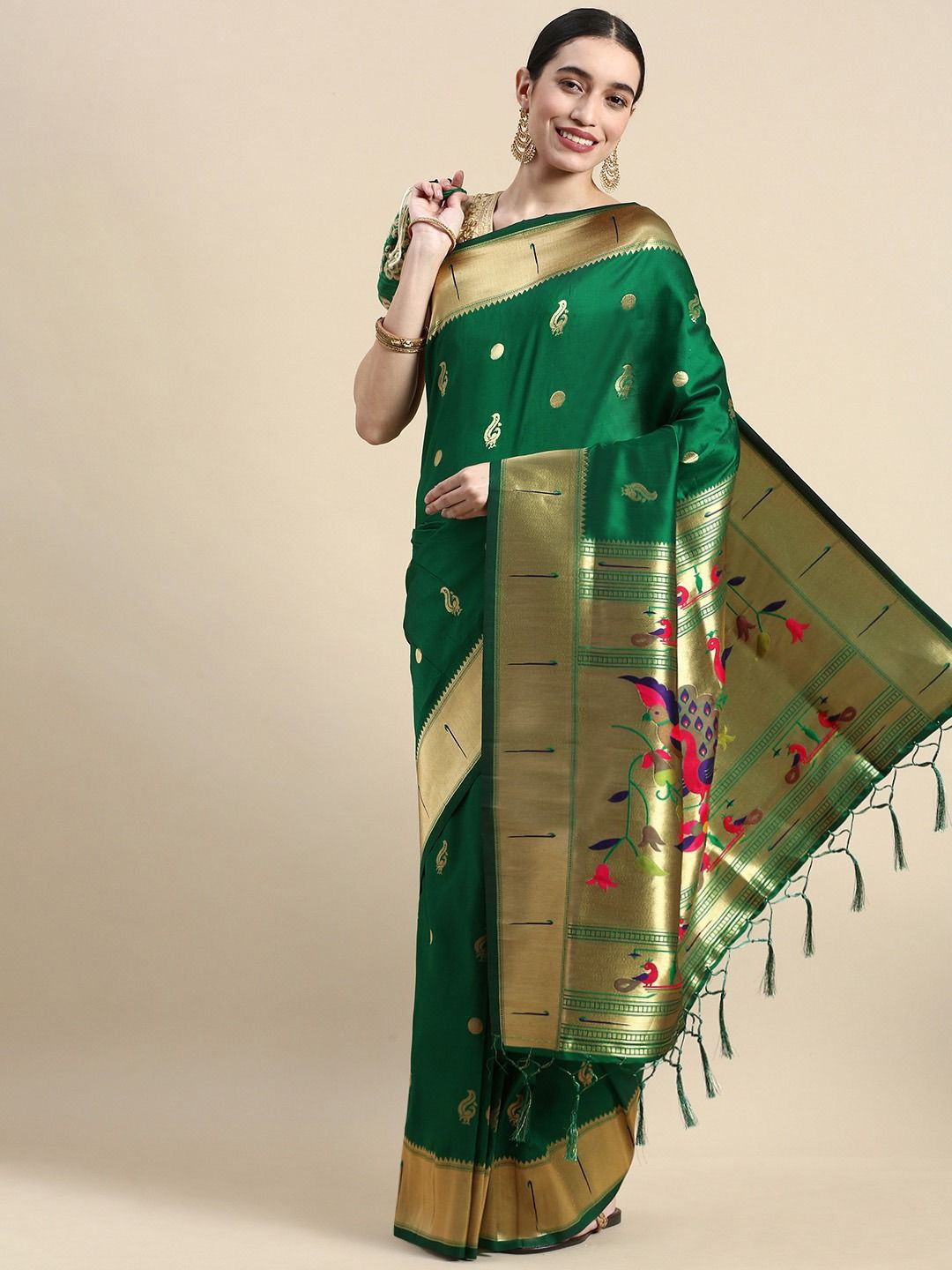 

DIVASTRI Woven Design Zari Paithani Saree, Green