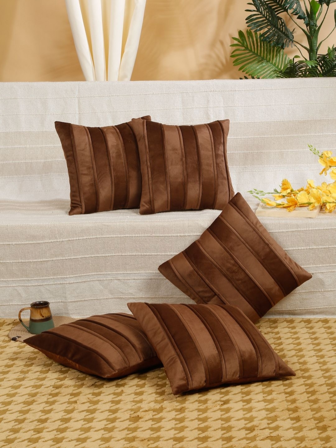 

SOKNACK Coffee Brown 5 Pieces Striped Velvet Square Cushion Covers