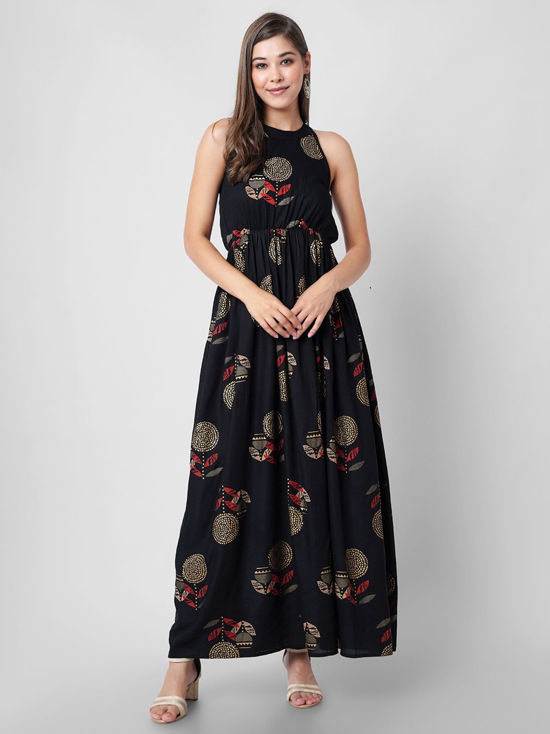 

GLAMALUE Floral Print Halter Neck Fit & Flare Maxi Dress, Black