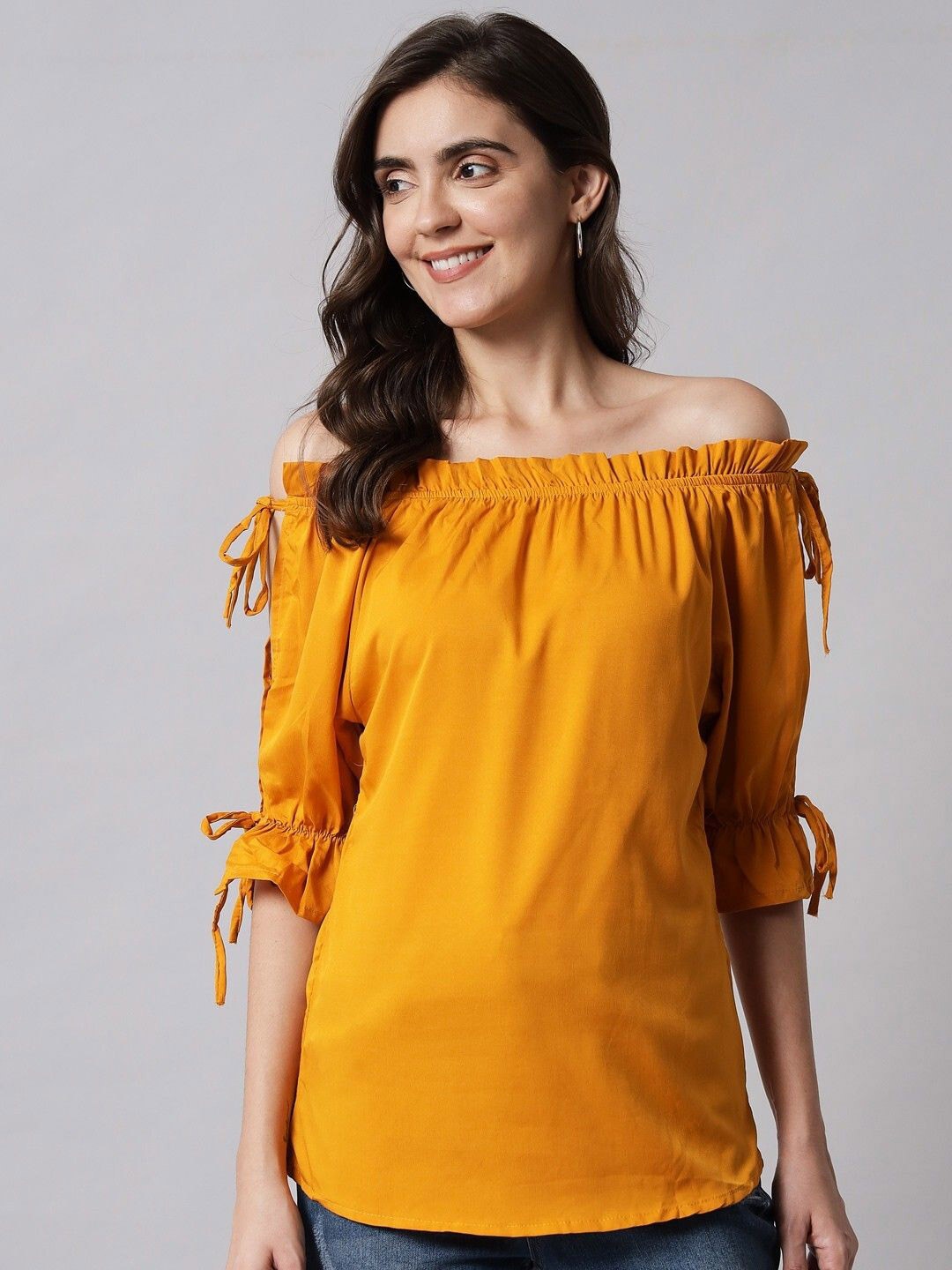 

WESTCHIC Off-Shoulder Puff Sleeve Crepe Crop Top, Yellow