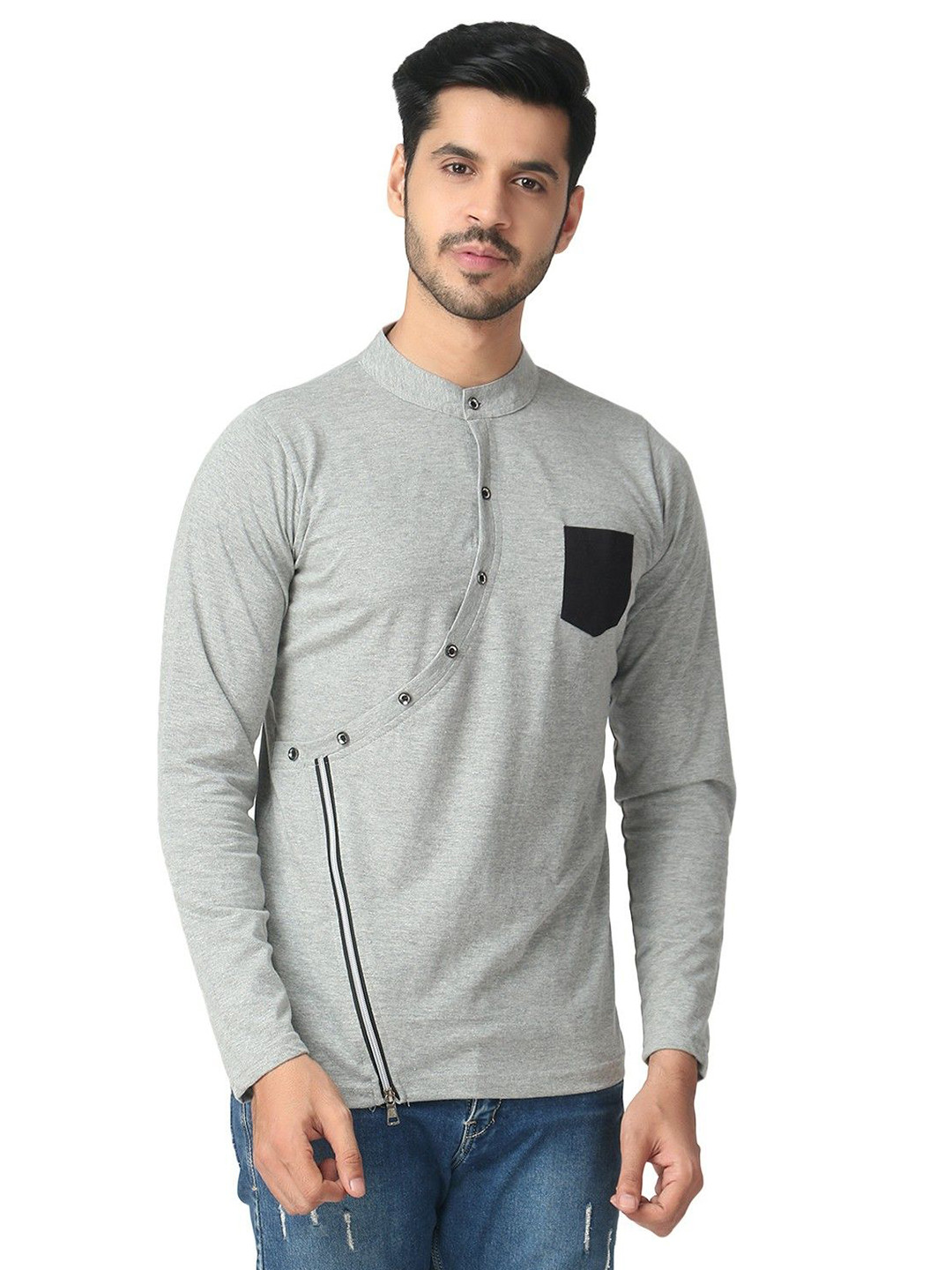 

Black Collection Men Solid Mandarin Collar Cotton Slim Fit T-shirt, Grey