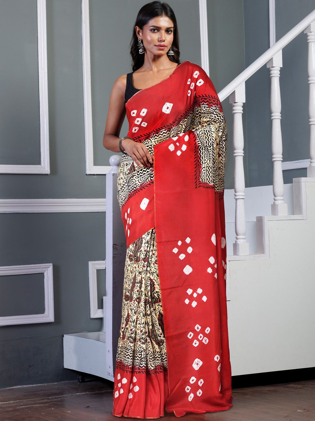 

Unnati Silks Handloom Block Printed Saree, Cream