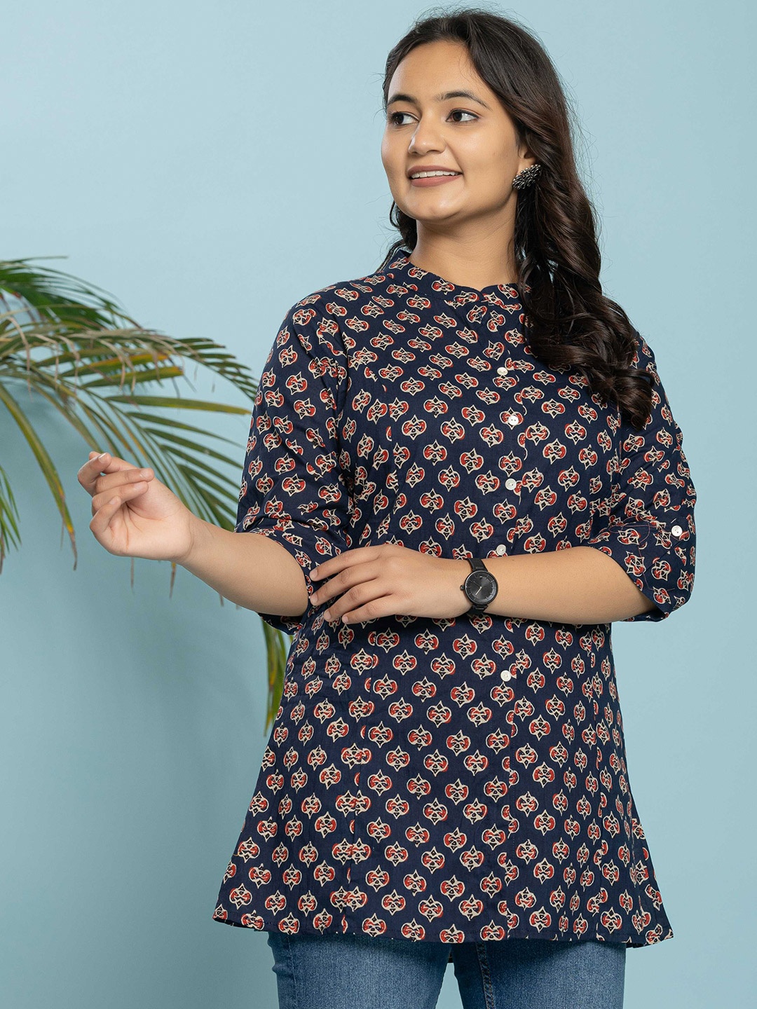 

INDYES Ethnic Motifs Printed Pure Cotton Regular Kurti, Blue