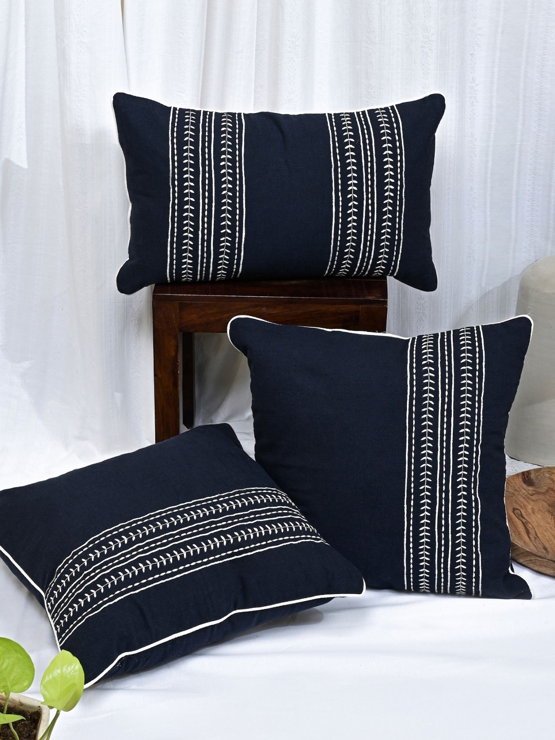 

ANWYN Navy Blue & White 3 Pieces Embroidered Cotton Square Cushion Covers