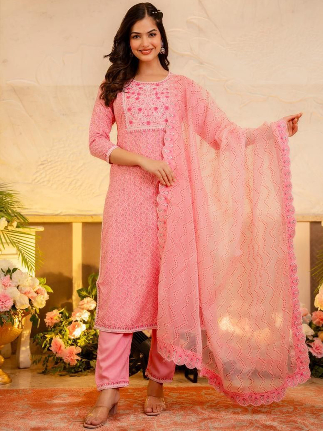 

Gauric creation Floral Printed Embroidered Thread Work Kurta With Trousers And Dupatta, Pink