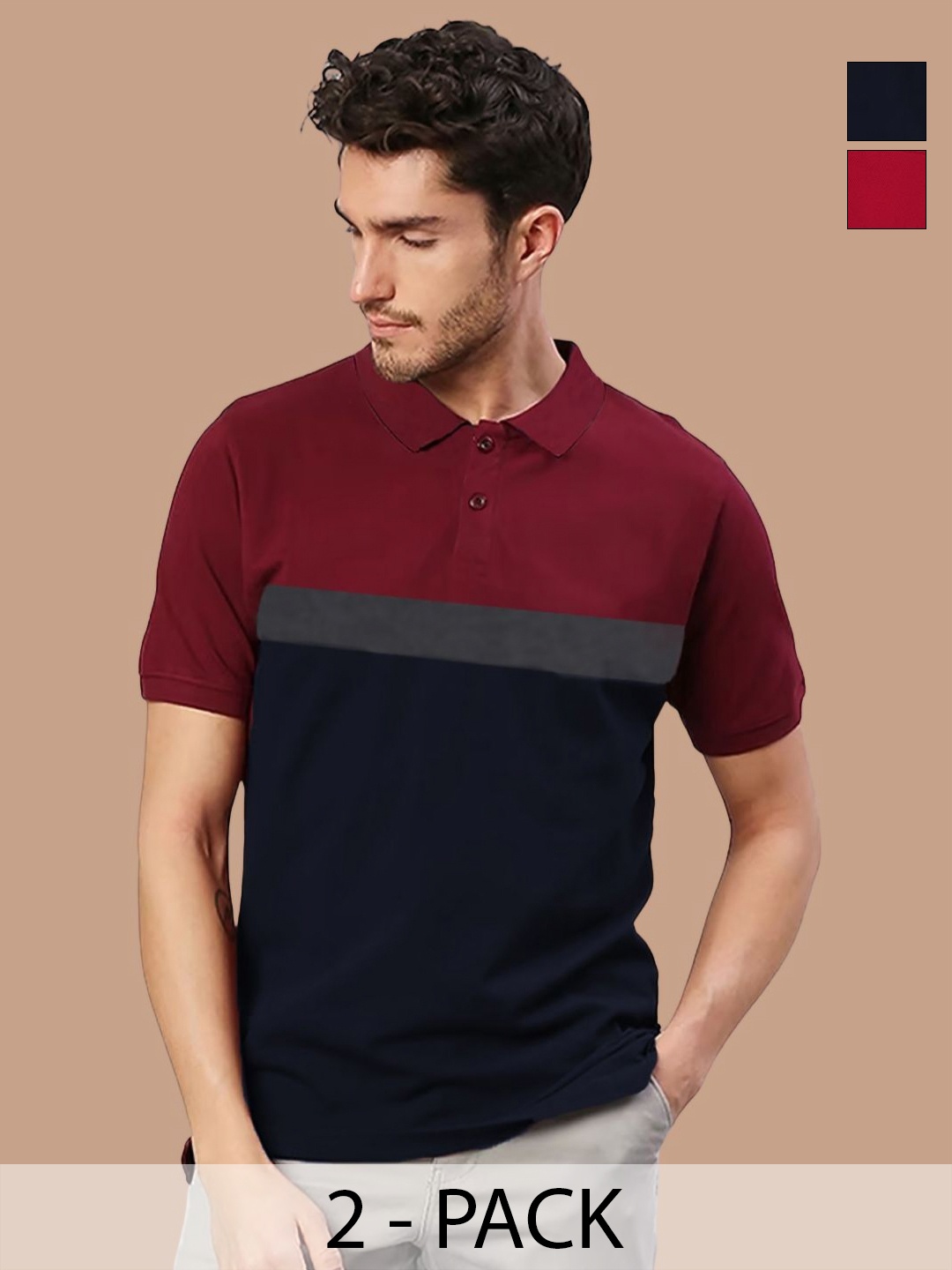 

Leotude Men Pack Of 2 Colourblocked Polo Collar Cotton T-shirts, Navy blue
