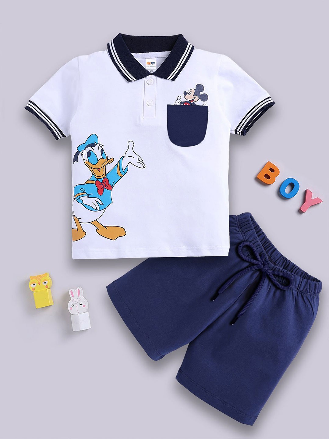 

LITTLE NINJA Boys Printed Polo Collar Pure Cotton T-Shirt With Shorts, Blue