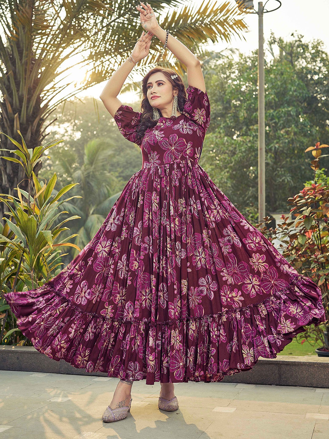 

Chandbaali Floral Printed Fit & Flared Maxi Dress, Burgundy