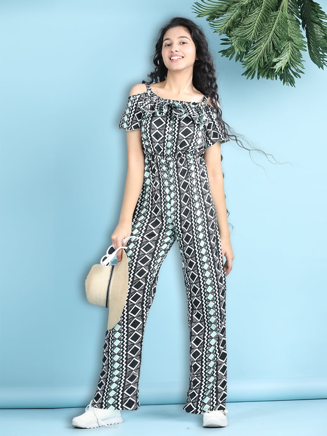 

Cutiekins Girls Printed Basic Jumpsuit with Embellished, Black