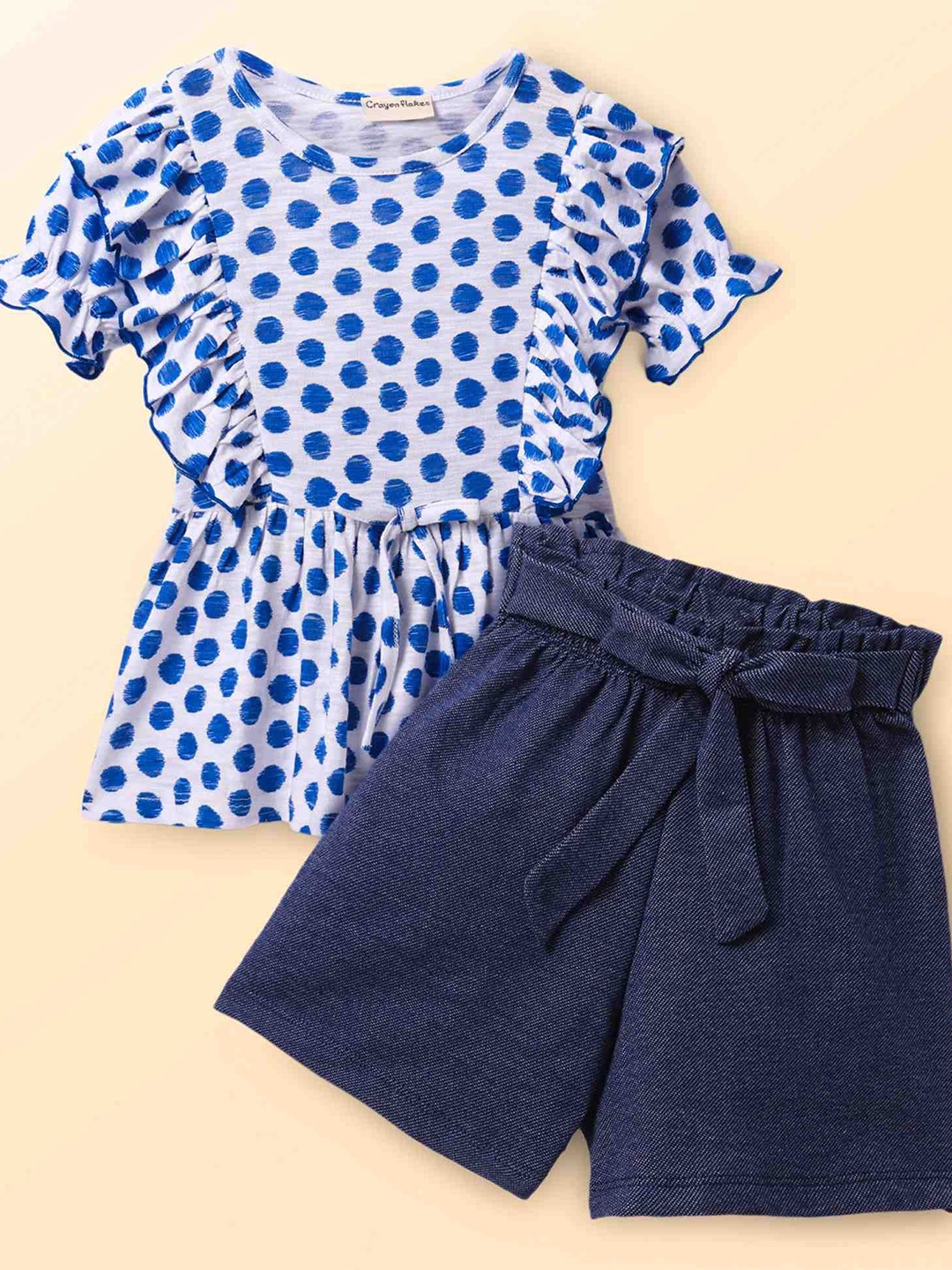 

CrayonFlakes Girls Printed Round Neck Pure Cotton Top With Shorts, Blue