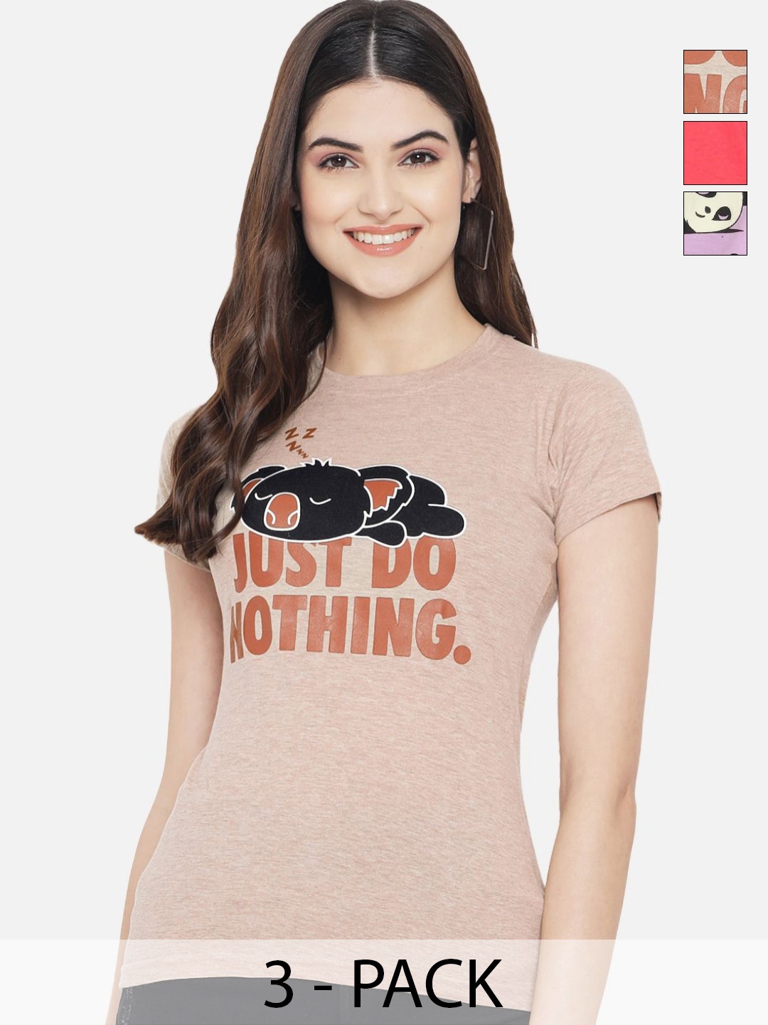

Dreambe Women Pack Of 3 Graphic Printed Round Neck Cotton T-shirts, Peach