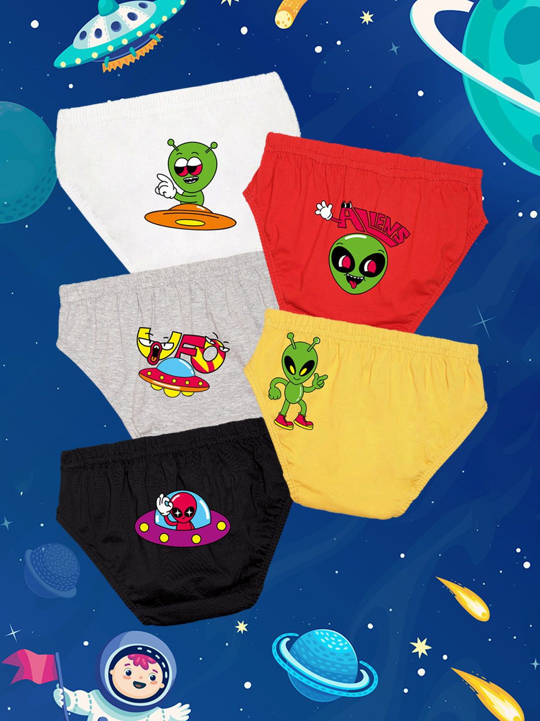 

NUSYL Boys Pack Of 5 Alien Squad Printed Pure Cotton Basic Briefs NUBCBRFPO5.0056, Red