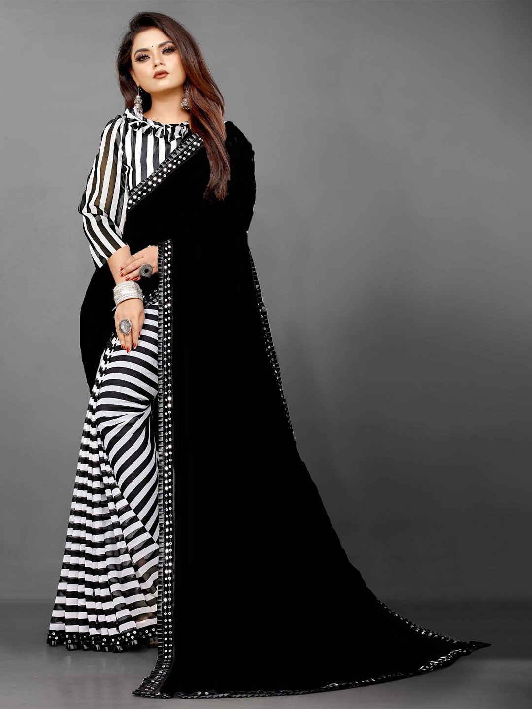 

Moda Rapido Leheriya Mirror Work Pure Georgette Leheriya Saree, Black