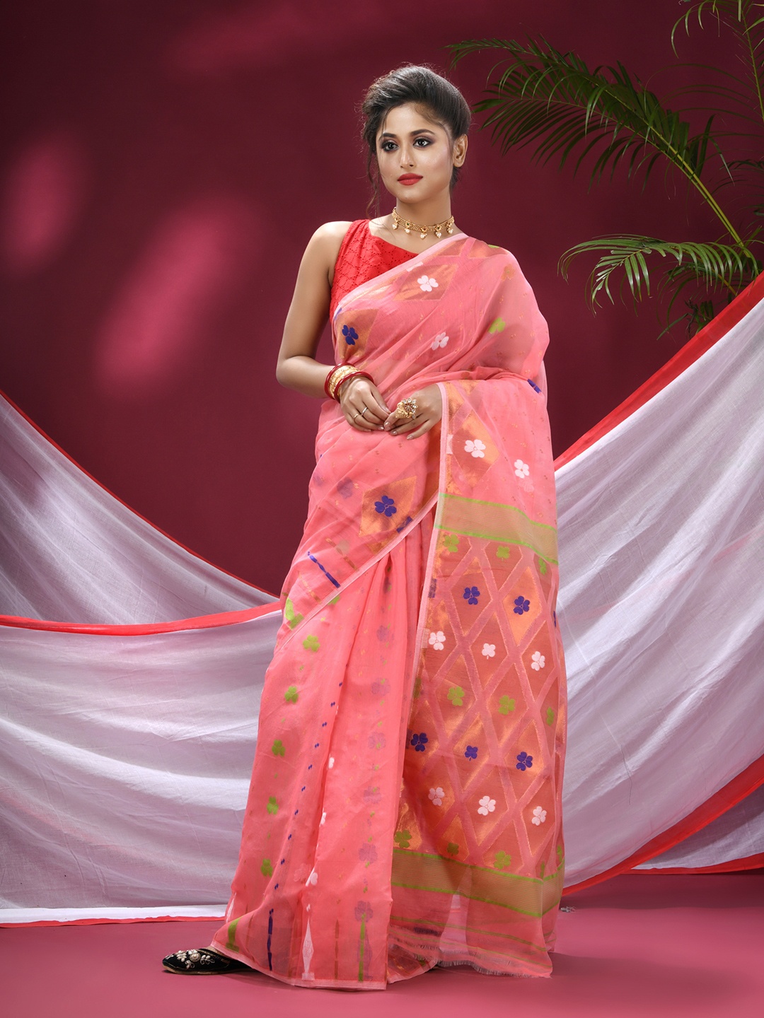 

TANTLOOM Woven Design Pure Cotton Designer Jamdani Saree, Pink