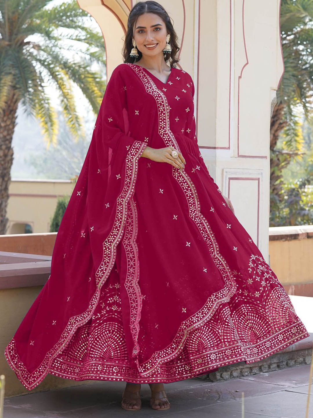 

KALINI Women Embroidered V-Neck Anarkali Maxi Dress With Dupatta, Maroon