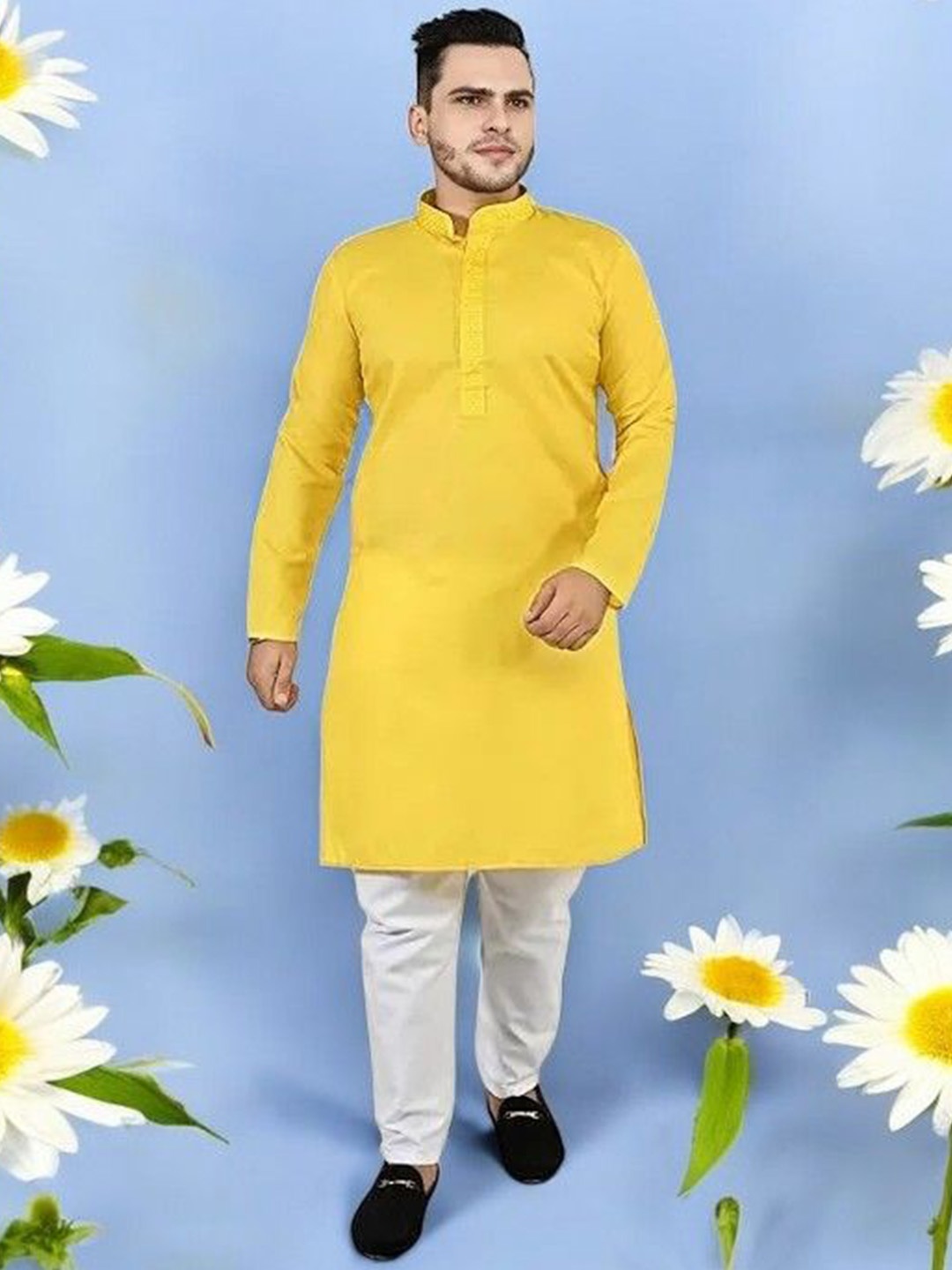 

Atly Men Embroidered Regular Sequinned Kurta with Pyjamas, Yellow