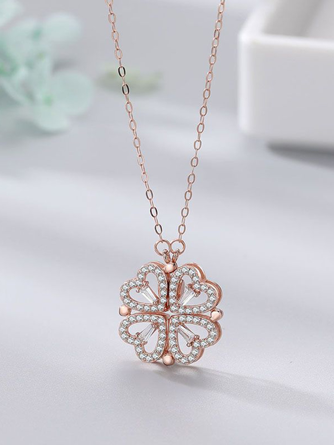 

MEENAZ Stainless Steel Rose Gold-Plated Cubic Zirconia Studded Heart Pendant With Chain