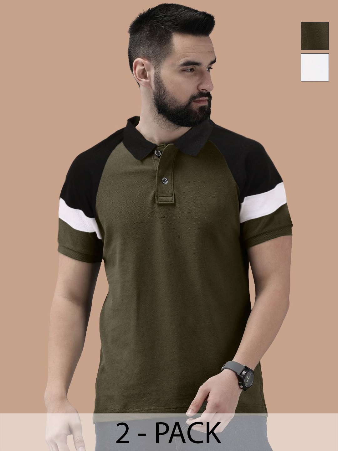

Leotude Men Pack Of 2 Colourblocked Polo Collar Cotton T-shirts, Green
