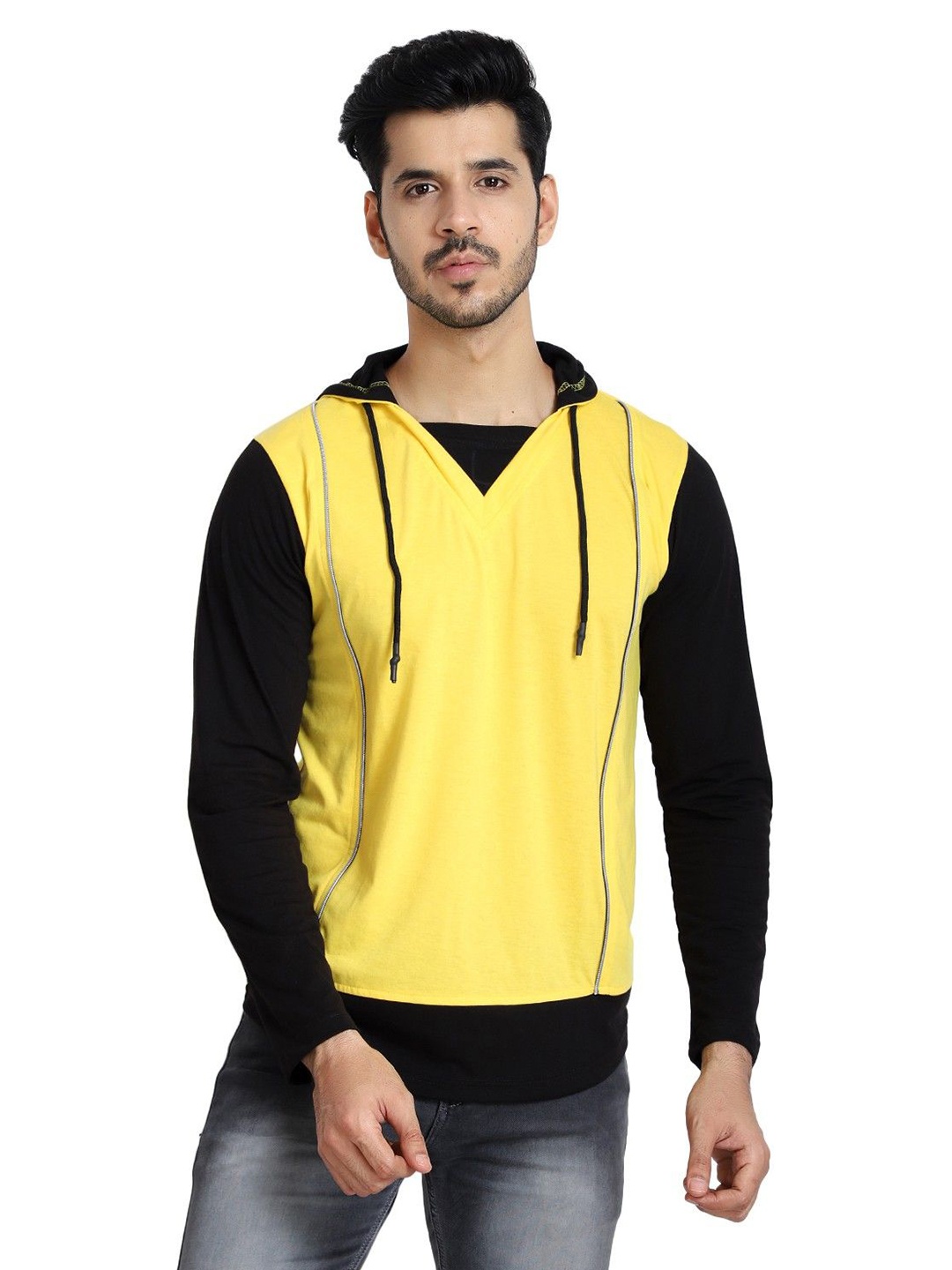 

Black Collection Men Colourblocked Hooded Cotton Slim Fit T-shirt, Yellow