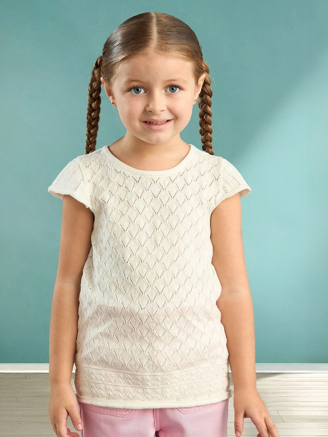 

max Girls Self Design Round Neck Cotton T-shirt, White